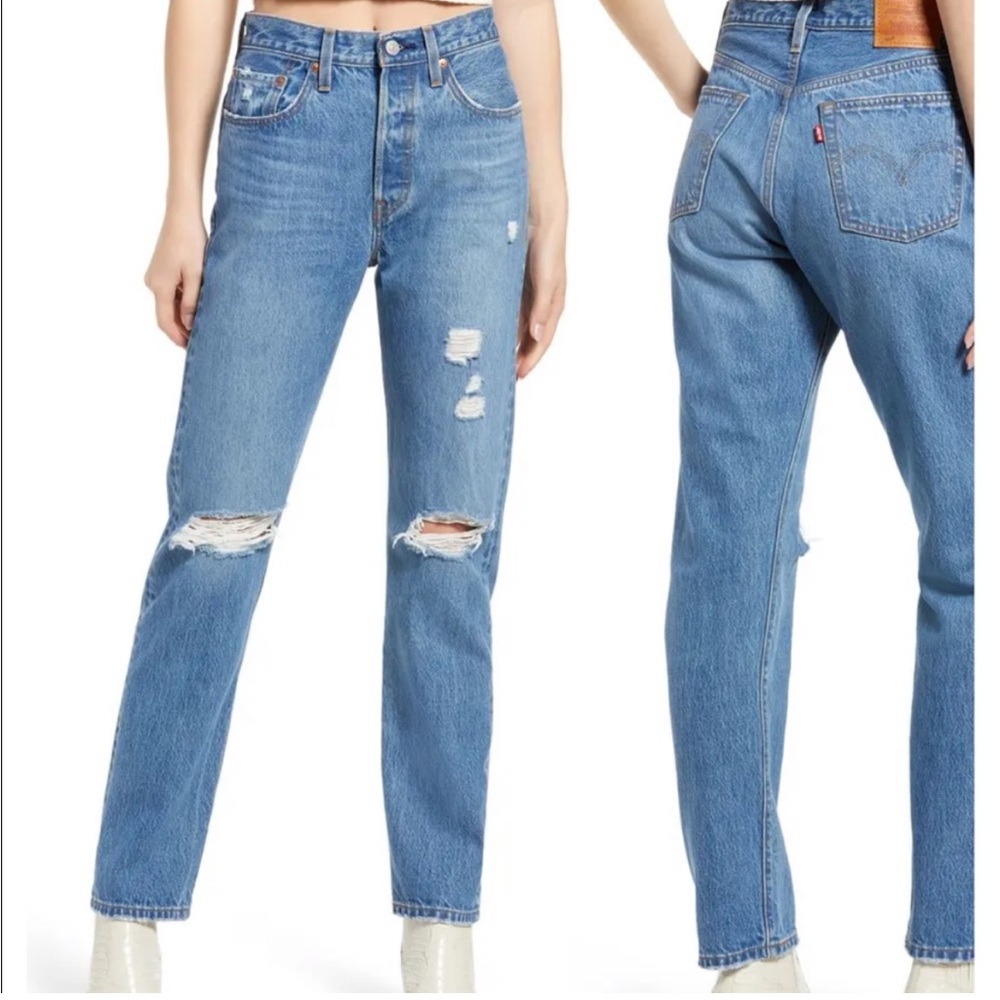 Levi’s 501 Distressed Straight Leg Jeans High Rise Button Fly 28x30